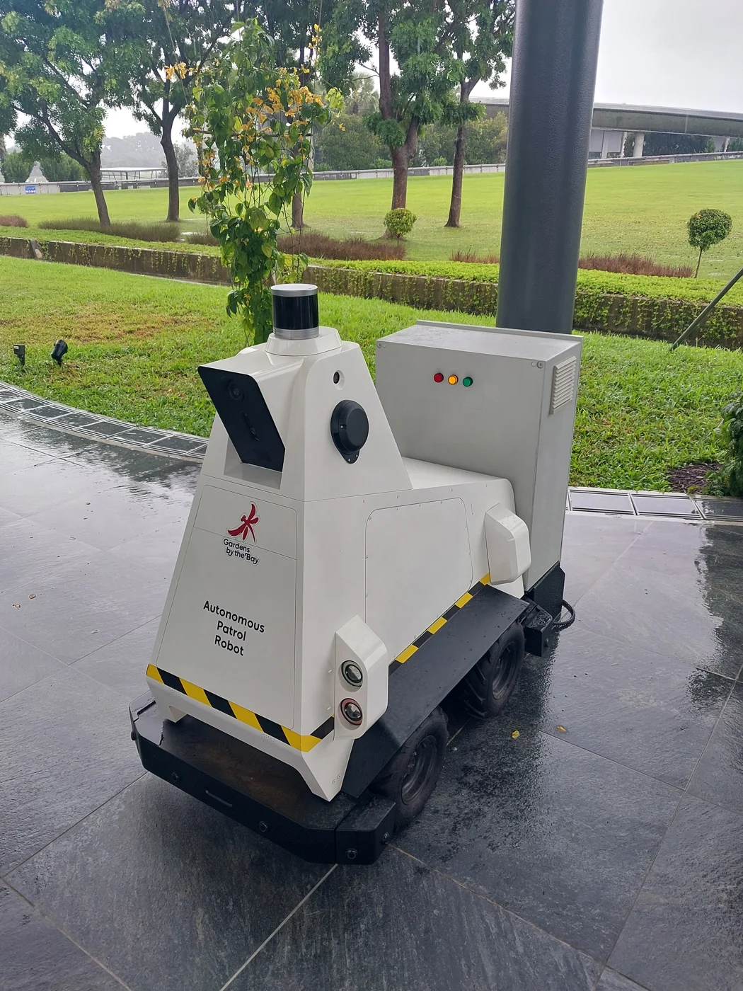 Autonomous patrol robot on a path at Gardens by the Bay in Singapore