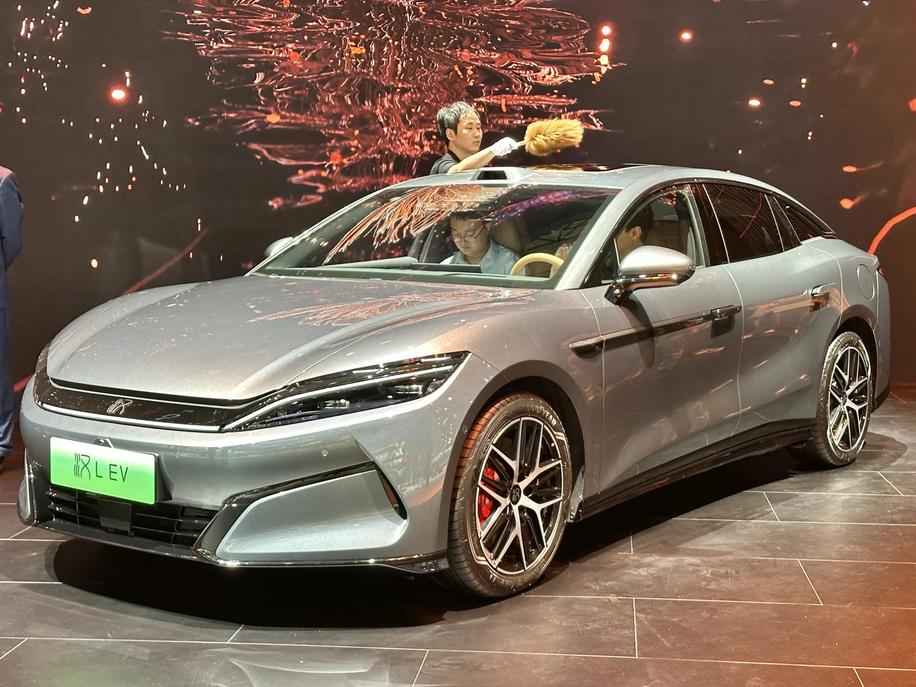 A BYD Han L electric vehicle on display at Auto Shanghai in 2025